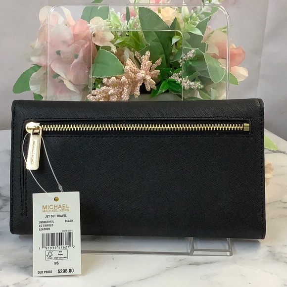 Michael Kors Jet Set Travel Large Trifold Leather Wallet Black - Picture 2 of 4